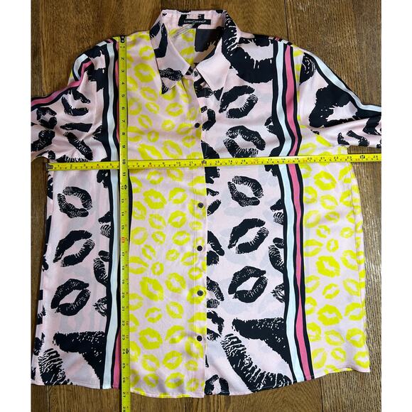 Luisa Cerano 100% Silk Blouse Yellow Pink Stripe Black Lip Design Sz 14 Mob Wife - Picture 2 of 11